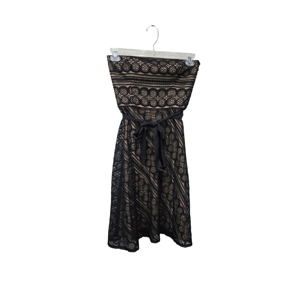 Ann Taylor LOFT Strapless Lace Dress Womens 2 Black Nude Overlay Ribbon Belt